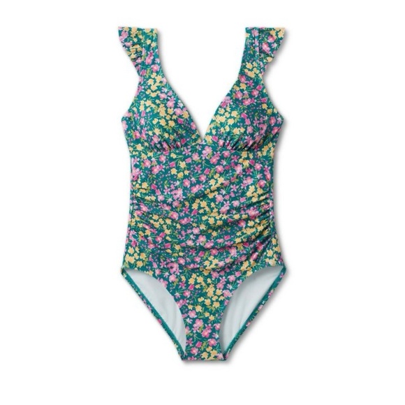 Kona Sol Other - Kona Sol One Piece Swimsuit Ruffle Shoulder Green Floral Size Large NWT